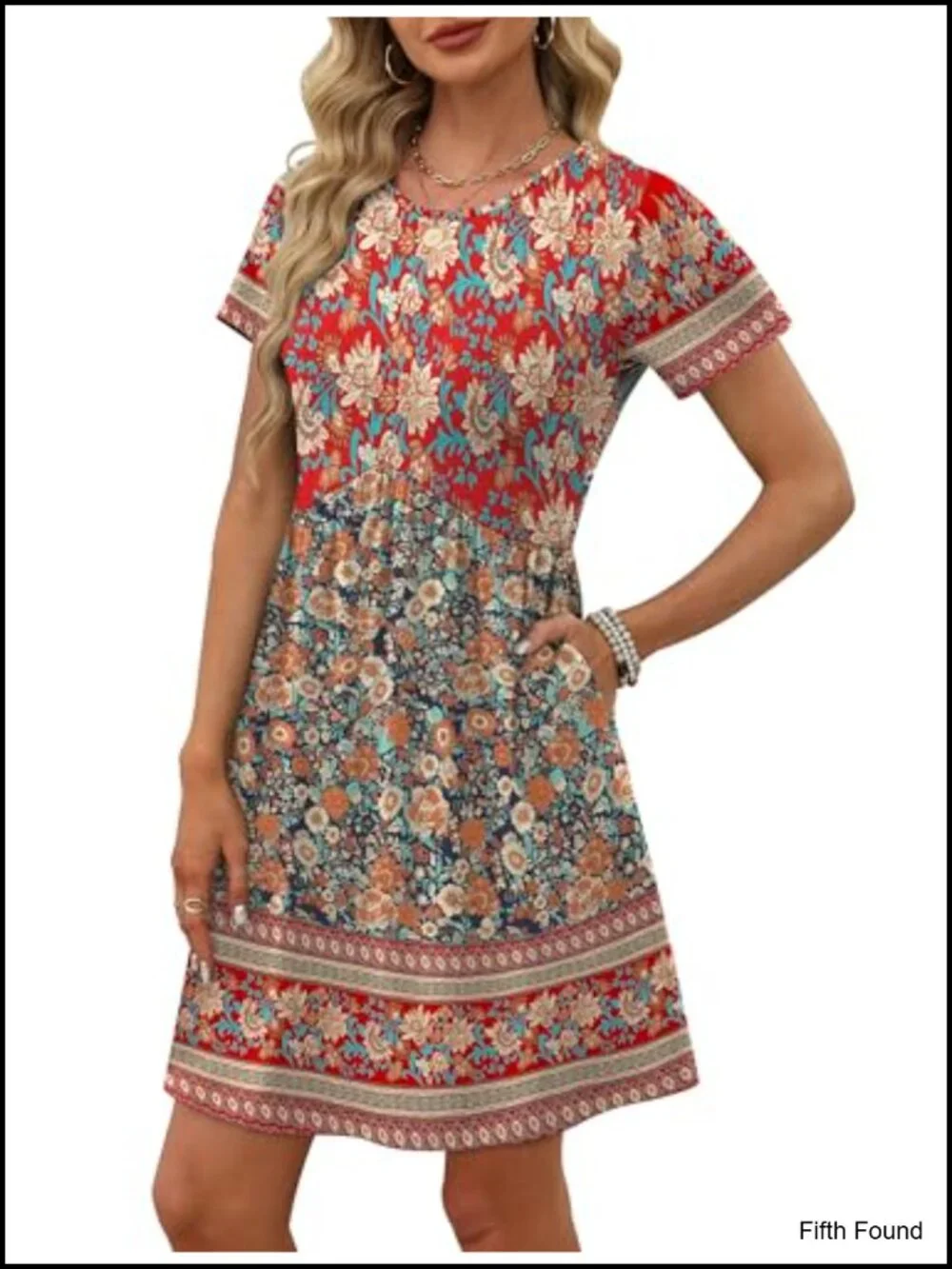 Short Sleeve Crew Neck Casual Empire Waist Maternity Dress with Pockets
